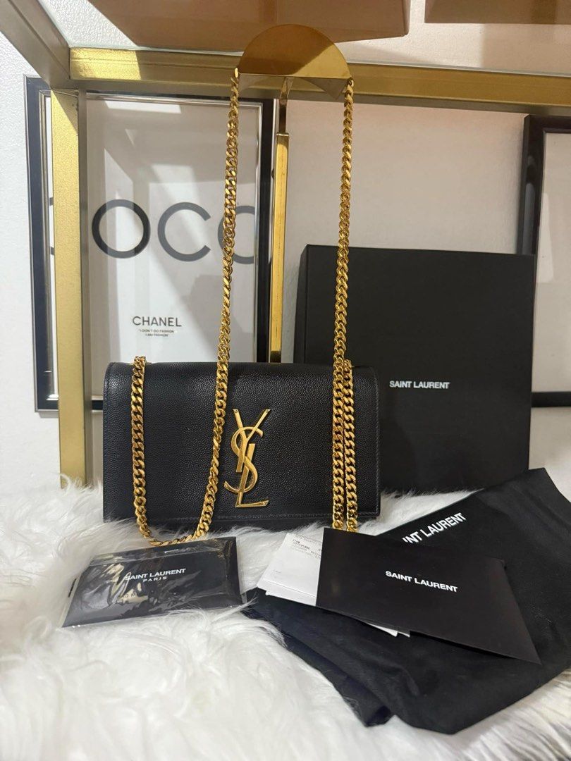 Authentic YSL kate Wallet on chain (Category: Luxury Bags & Wallets) located in Quezon City. Submitted by jhaediah (Listing ID 1361021433, Image 1). Description: May rubs sa may flap Pero overall mgndang maganda pa Comes complete yan w receipt with box mid 2023 lang small size.