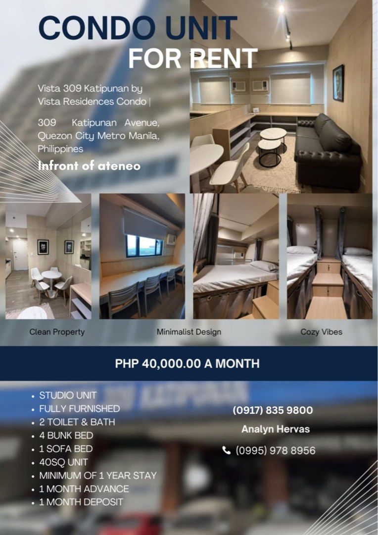 Condo unit for rent (Category: Apartments & Condos) located in Pasig City. Submitted by moimoigo (Listing ID 1360922350, Image 1). Description: • STUDIO UNIT • FULLY FURNISHED • 2 TOILET & BATH • 4 BUNK BED • 1 SOFA BED • 40SQ UNIT • MINIMUM OF 1 YEAR STAY • 1 MONTH ADVANCE • 1 MONTH DEPOSIT.