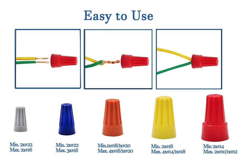 ELECTRICAL WIRE CAPS (5-PCS per ORDER), INSULATING INSERT TWIST WIRE CONNECTOR with SPRING, RANDOM (Category: Electrical, Adaptors & Sockets) located in Quezon City. Submitted by besteinpc (Listing ID 1360940423, Image 1). Description: ELECTRICAL WIRE CAPS (5-PCS per ORDER), INSULATING INSERT TWIST WIRE CONNECTOR with SPRING, RANDOM FEATURES: Width x Height 👉C1: 7x14mm (gray, orange, yellow), supports 22 and 16 AWG 👉C2: 9x17mm (orange, blue), s