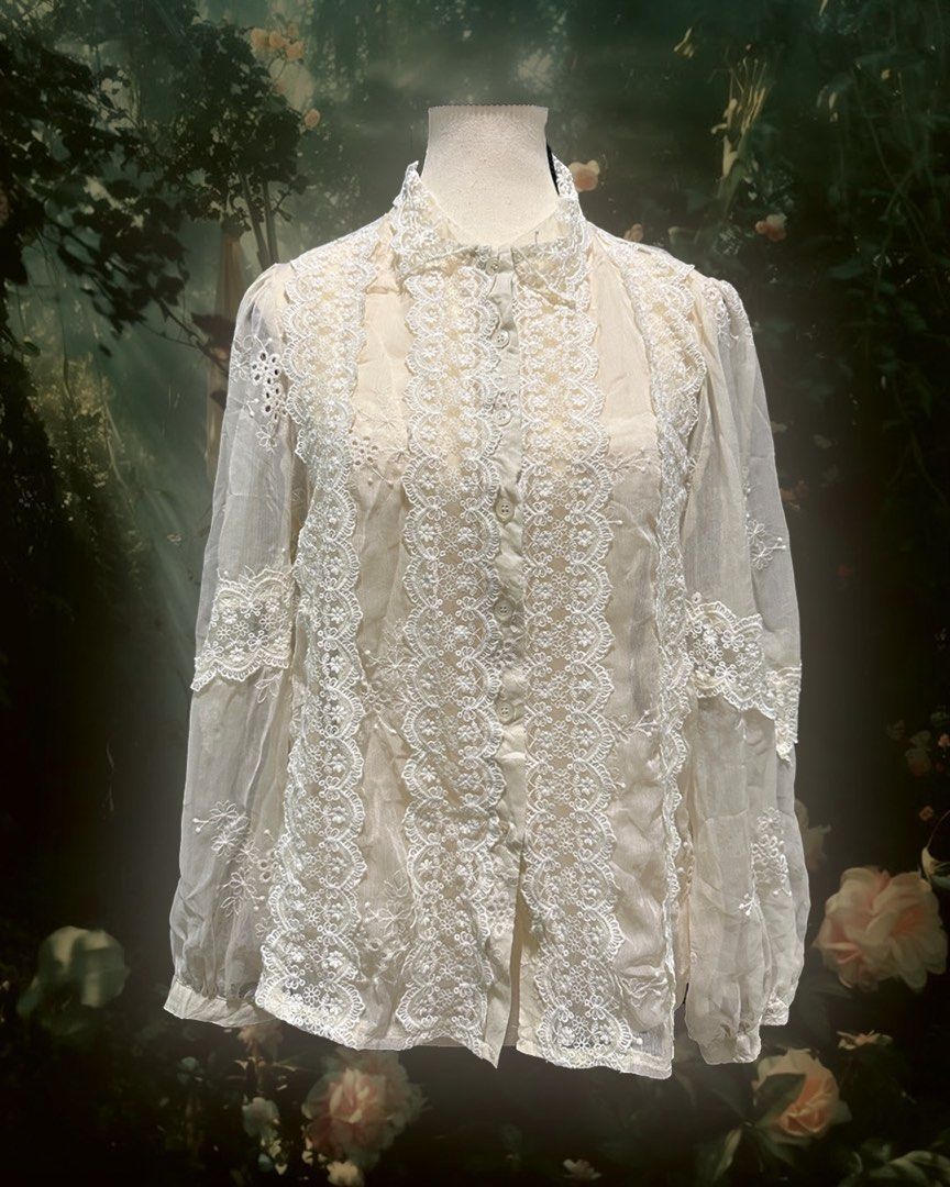 fairy core Japanese tag white floral lace buttoned top (Category: Blouses) located in Singapore. Submitted by hxtou (Listing ID 1360931907, Image 1). Description: ptp: 55cm length: 60cm fits size M-S I’m in love with these insane details, even the collar has lace! *is sheer as seen in next slide 🐾 via mailing (+$3) or self collect at my place @woodlands mode of payment: payNow (NO CASH unless valid reason pls) view more dresses / tops in my list