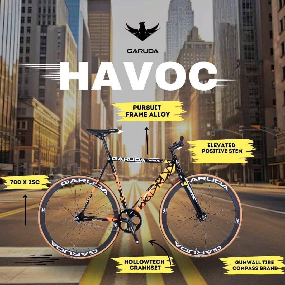 GARUDA HAVOC ALLOY FIXIE 700c (Category: Bicycles) located in Marikina City. Submitted by keionlines85428 (Listing ID 1360928261, Image 1). Description: New Arrival🥰 NAPAKA ANGAS 🔥 ⭐️ GARUDA HAVOC ALLOY FIXIE 700c ‼️₱ 9,800 FREE ASSEMBLE Specs: Alloy frame smooth weld garuda steel fork Alloy stem 90mm Seattube 54 cm Top tube 48 cm Alloy 40mm rims w/ Garuda decals Single speed Hallowtech crankset alloy Tire compass gum wall 700x25c Dual sprocket