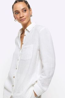 *SALE* MANGO INS Shein White gauze textured cotton linen-like long sleeve button down beach coverup polo top