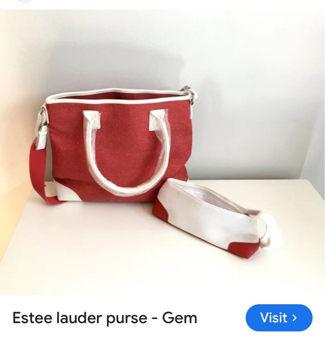 Preloved Estée Lauder purse red white trim (Category: Cross-body Bags) located in Caloocan City. Submitted by ruthay23 (Listing ID 1360979999, Image 1). Description: Preloved Estée Lauder purse red white trim Price: 500 + SF GCash payment or BDO Grab/Lalamove Loc: Deparo, Caloocan City.