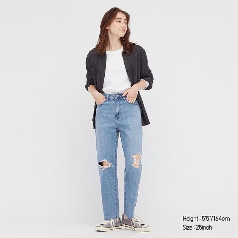 Uniqlo 錐形高腰牛仔褲(刷破藍/23)448430, 她的時尚, 褲&裙 Uniqlo 錐形高腰牛仔褲(刷破藍/23)448430, 她的時尚, 褲&裙