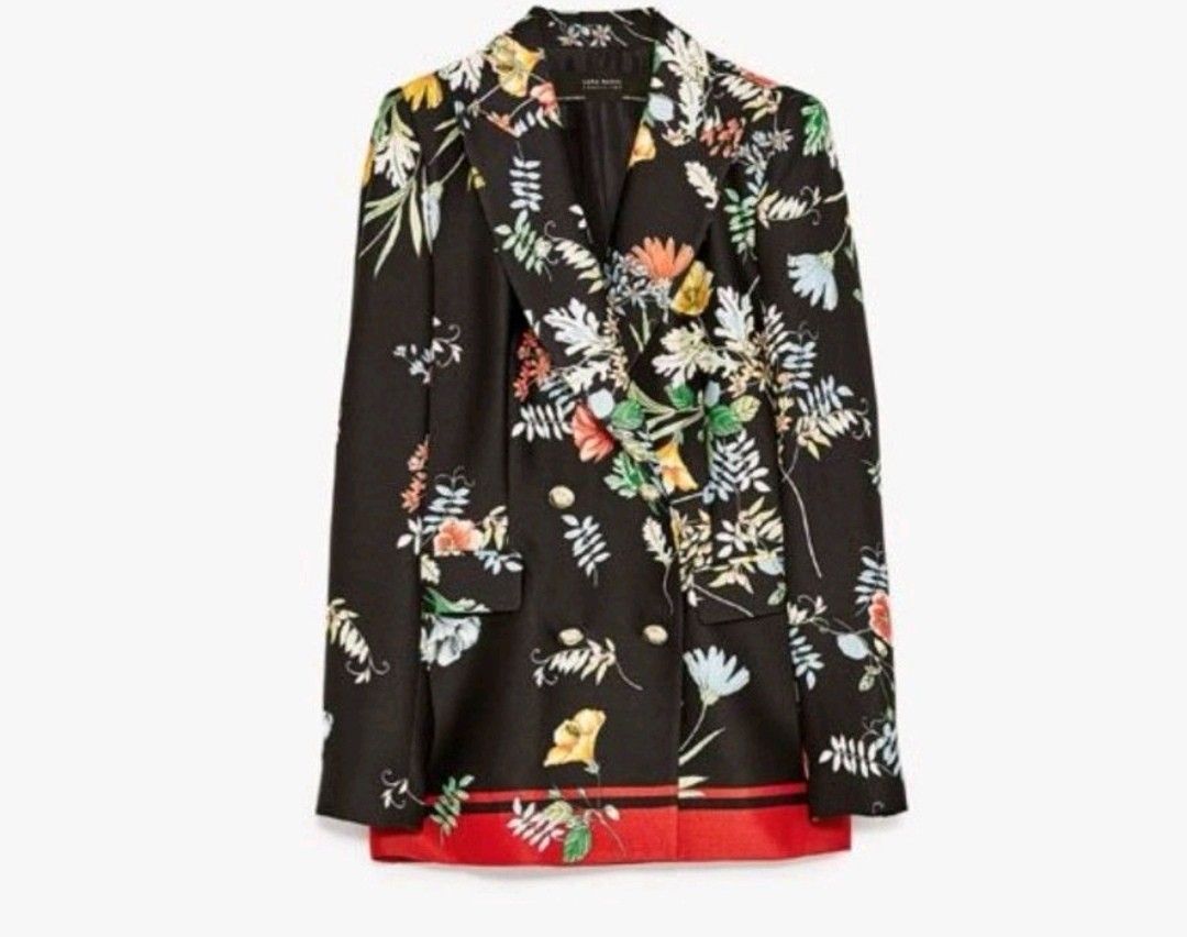 ZARA DOUBLE BREASTED FLORAL BLAZER (Category: Coats, Jackets and Outerwear) located in Manila. Submitted by constant.change (Listing ID 1361035788, Image 1). Description: Zara Floral blazer with red accents--very trendy corporate look rfs: does not fit anymore.