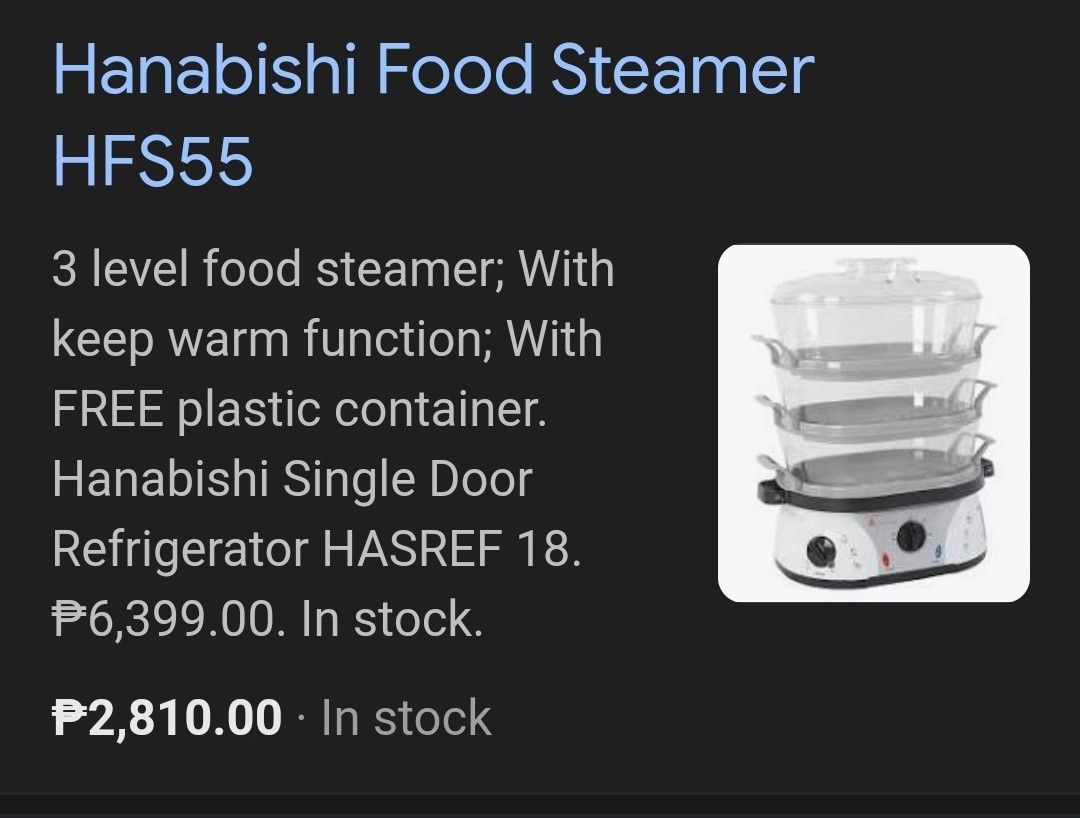 Food steamer HANABISHI (Category: Other Kitchen Appliances) located in Baras. Submitted by GiFtShop (Listing ID 1356123841, Image 2). Description: 🍒RUSH SALE!!!! Hurry!!! 🍒LIKE NEW 🍒3-LAYER FOOD STEAMER 🍒HANABISHI 220V 🍒Php 2,199.99 🍒DM me.