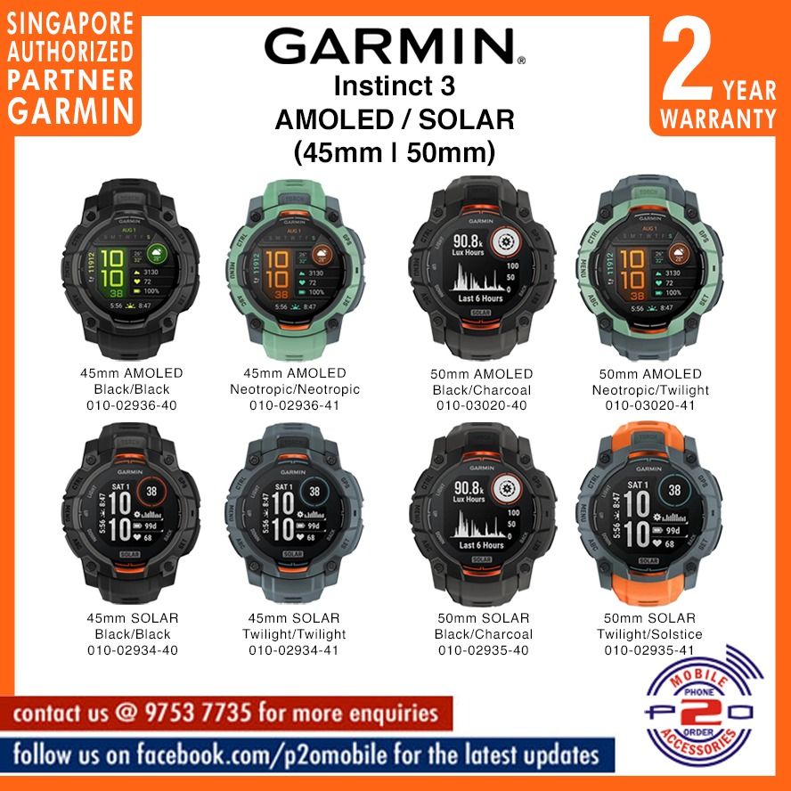 Garmin Instinct 3 AMOLED / SOLAR (45mm | 50mm) (Category: Wearables & Smart Watches) located in Singapore. Submitted by p2omobile (Listing ID 1356188232, Image 1). Description: Ready Stock! Drop us a text @ 97537735 for the latest update on our selling price! Garmin Instinct 3 - AMOLED 45mm Part Number 010-02936-40 - Black with Black Band (avail) Part Number 010-02936-41 - Neotropic with Neotropic Band (out of stock) Check for Latest Selling Pric
