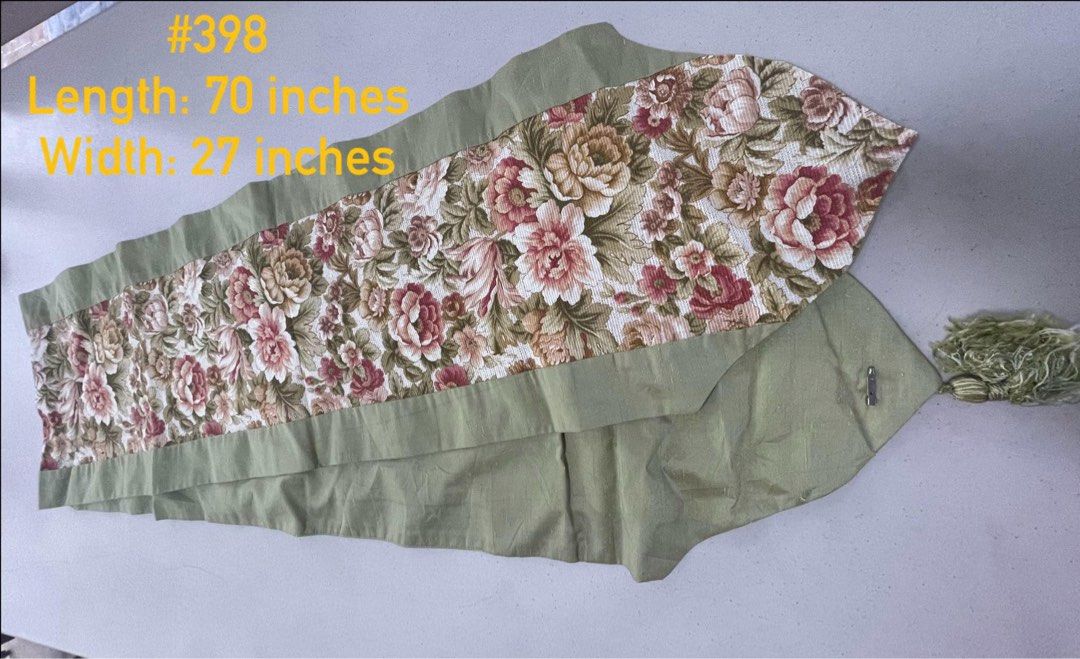 Green Table Runner with Flowers (Category: Table Linen & Textiles) located in Quezon City. Submitted by meggoquingco (Listing ID 1356128961, Image 1). Description: 70 inches x 10.5 inches.