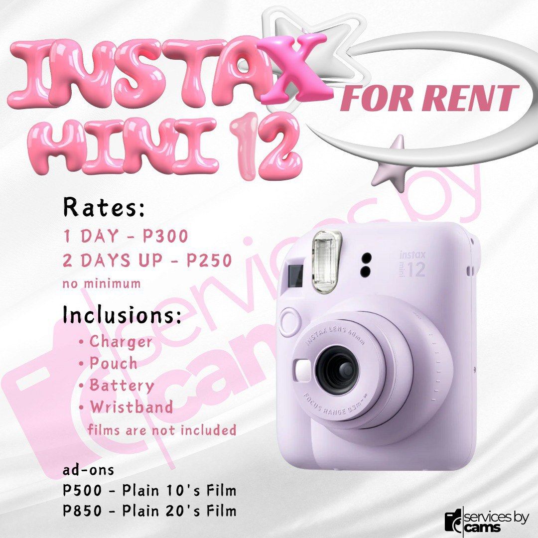 INSTAX MINI 12 FOR RENT (Category: Cameras) located in Quezon City. Submitted by camellion_64 (Listing ID 1356219986, Image 1). Description: Facebook: Services by cams Instagram: @servicesby_cams.