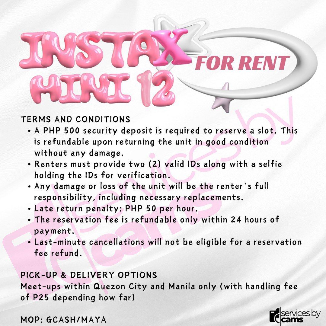 INSTAX MINI 12 FOR RENT (Category: Cameras) located in Quezon City. Submitted by camellion_64 (Listing ID 1356219986, Image 2). Description: Facebook: Services by cams Instagram: @servicesby_cams.