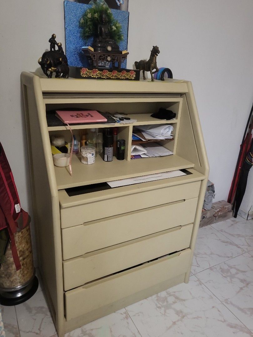 Multipurpose Table (Category: Shelves, Cabinets & Racks) located in Singapore. Submitted by centrism (Listing ID 1356186868, Image 2). Description: Sturdy Wooden Study/Multi-Purpose Table Selling a traditional wooden study/multi-purpose table with multiple racks. Heavy and spacious, perfect for storage. 🛠 Condition: Some wear & tear; a pull-out drawer is stuck due to long disuse—may need minor servicing. 📏 Features: Strong, durable wood, ample 