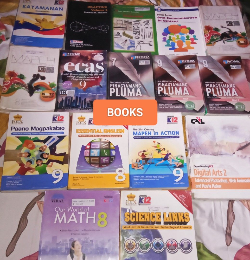 Preloved JHS Books/Modules Set (Category: Textbooks) located in Batangas. Submitted by gwkatsu (Listing ID 1356151047, Image 1). Description: preloved / well used / with markings, highlights, and name of the previous owner (unless otherwise labeled as 'never been used' or 'like new'). majority has plastic cover. JHS books (grades 7, 8, 9. see photo for grade level): kayamanan - ₱200 drafting volume 2 (never been used) - ₱250 mechanical drafting (