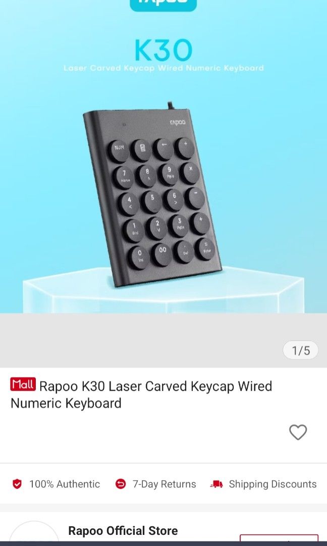 Rapoo K30 Laser Carved Keycap Wired Numeric Keyboard (Category: Computer Keyboard) located in Manila. Submitted by intuyuutaa (Listing ID 1356134578, Image 2). Description: Rapoo K30 Laser Carved Keycap Wired Numeric Keyboard Brand new MOP: gcash, maya, metrobank MOD: lbc, j&t, sdd, meetup.