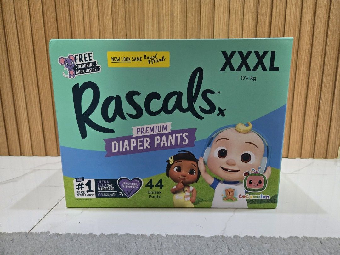 Rascals premium diaper pants (Category: Diapers & Baby Wipes) located in Imus. Submitted by chie0308 (Listing ID 1356177244, Image 1). Description: ‼️New packaging‼️ Size triple XL (XXXL) 44 pcs. With free coloring book inside 1,450 pesos only Imus cavite location.