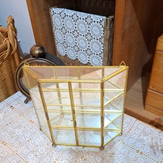 Vintage brass glass mirror 3 layer Mini shelf display cabinet jewelry box trinket box