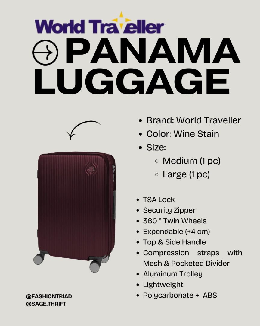 World Traveller Panama Luggage (Category: Luggage) located in Manila. Submitted by sagecuration (Listing ID 1356121103, Image 1). Description: BRAND NEW with tags MOP: bank deposit/gcash/maya Location: Paco, Manila Shipping: c/o buyer Brand: World Traveller Color: Wine Stain Size: Medium (1 pc) Price: Medium ₱7190 Large •SOLD OUT•.