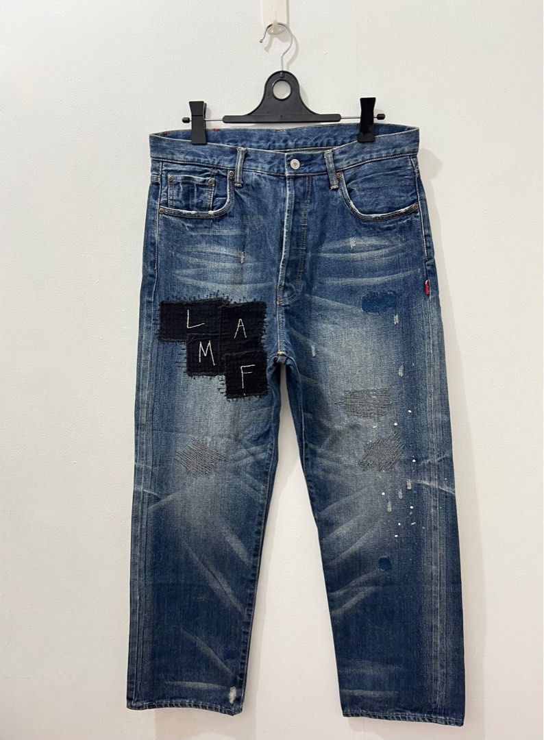 WTAPS - 2009 LAMF DISTRESSED PATCHWORK SELVEDGE JEANS (Category: Jeans) located in Cavite. Submitted by _Gizmo (Listing ID 1356193262, Image 1). Description: Wtaps - 2009 “LAMF” Distressed Patchwork Selvedge Jeans Size tagged: Medium Measurement: Waist: 34 Crotch: 13’ Inch Length: 41’ Inch Leg opening: 9’ Inch Well used | Good condition Made In Japan.