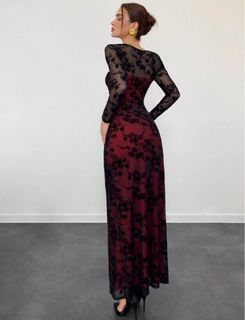 Aloruh Women's Autumn/Winter New Velvet Jacquard Cutout Mesh Romantic Date Holiday Long Sleeve Lace Ruched Bodycon Dress, Summer Dresses For Women, Tea Party Dress
