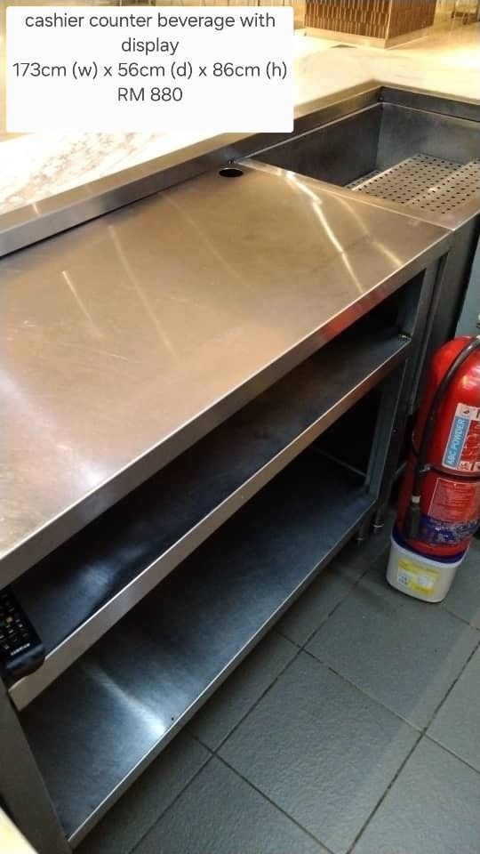 Cashier counter with beverage display (Category: Shelves, Cabinets & Racks) located in Petaling Jaya. Submitted by chemnitz (Listing ID 1361106078, Image 1). Description: Cashier counter with beverage display 173w x 56w x 86h RM300 pick up at kelana jaya PJ.