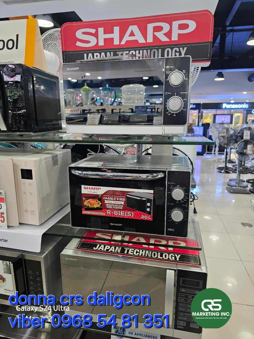 Sharp microwave oven (Category: Ovens & Toasters) located in Manila. Submitted by donnasagao03665 (Listing ID 1361154589, Image 2). Description: ❄️ SHARP MICROWAVE OVEN R20AS R72AS R16ES R16ES ❄️ R20AS 20L - 4,050 R72AS 25L - 5,650 with Grill R16ES 20L - 4,350 with Grill New Model R32ES 34L - 8,450 Price may change without prior notice. BRANDNEW AND SEALED 1 YR WARRANTY PARTS AND SERVICE CASH N CARRY MALL MAKATI CASH ON DELIVERY GCASH BANK TRANSF