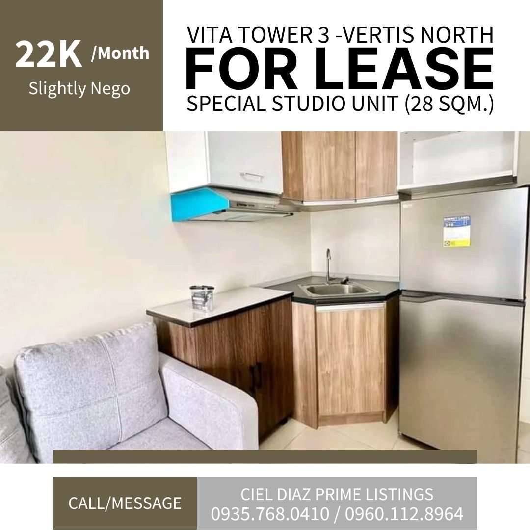 Special Studio Unit at Vertis North (Category: Apartments & Condos) located in Taguig. Submitted by propertyinsiderph (Listing ID 1361119781, Image 2). Description: FULLY FURNISHED STUDIO (22K) Parking (+ 7K) TERMS: Preferred 1 year contract (2month advance + 2 months deposit) 10 post-dated checks required Maximum of 2 occupants INCLUSIONS: 2-door Panasonic refrigerator (Inverter) Induction cooker and range hood 32" TCL TV Window type Airconditio