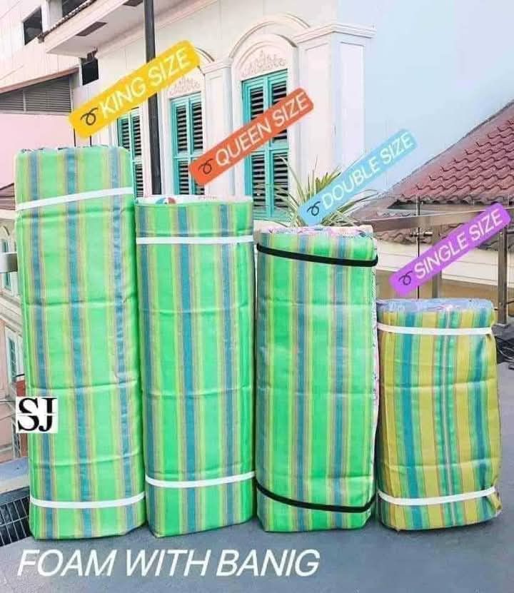 FOAM WITH BANIG (Category: Bed Frames & Mattresses) located in Manila. Submitted by dolorchris69891 (Listing ID 1361208751, Image 1). Description: ONHAND‼️ONHAND‼️ ✨️FOAM WITH BANIG✨️ Single-800 Double-900 Queen -1k King-1200 Available size. No choosing of design 2 inches kapal Pwde sa outing ✔️ Pwede sa bisita✔️ 📍Single (2x36) 📍Double (2×48) 📍Queen(2×52) 📍King(2×57).