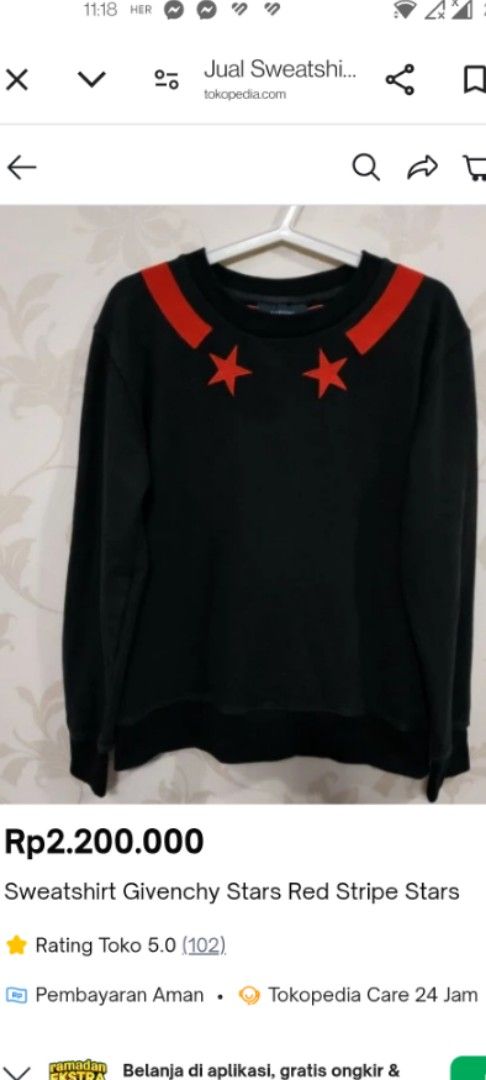 GIVENCHY Black Stars and Stripes Sweatshirt Authentic (Category: Activewear) located in Quezon City. Submitted by vhamie (Listing ID 1361207747, Image 2). Description: No issue. Comfy to wear, ganda ng tela di mainit. Meduim on Tag Dimes: 18x25 (UNISEX) Stretchy Original Price is almost Php 40,000.00 Can meet up Market2 or Sm Aura.