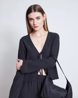 MANGO INS Navy midnight blue light sheer ribbon front long bell sleeve hanging beach cover up cardigan