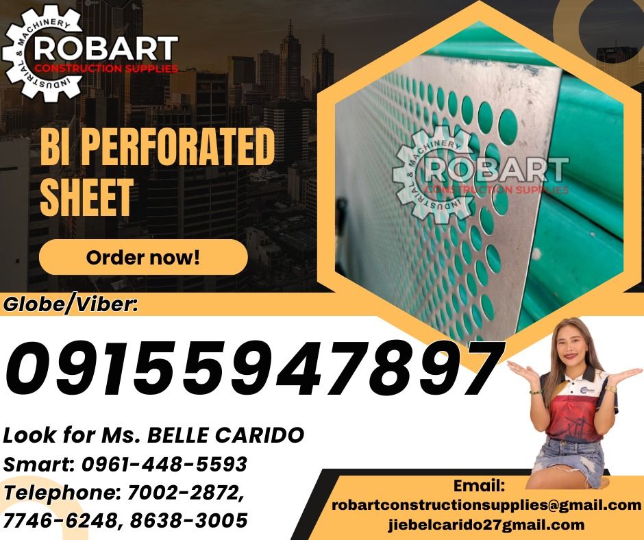 BI Perforated sheet (Category: Construction & Building Materials) located in Caloocan City. Submitted by beyyroque37874 (Listing ID 1356300965, Image 1). Description: Perforated sheet Material: BI Size: 0.85mm thk x 1/2" hole x 4' x 8' 𝑹𝑶𝑩𝑨𝑹𝑻 𝑪𝑶𝑵𝑺𝑻𝑹𝑼𝑪𝑻𝑰𝑶𝑵 𝑺𝑼𝑷𝑷𝑳𝑰𝑬𝑺 Office Address: 1405 Yuseco St. Sta Cruz Manila SEND US MESSAGE FOR INQUIRIES ‼️ ‼️ Glb/Vibr: 0915-594-7897 Smrt: 0961-448-5593 Landline: (7746-6248 / 7002-287