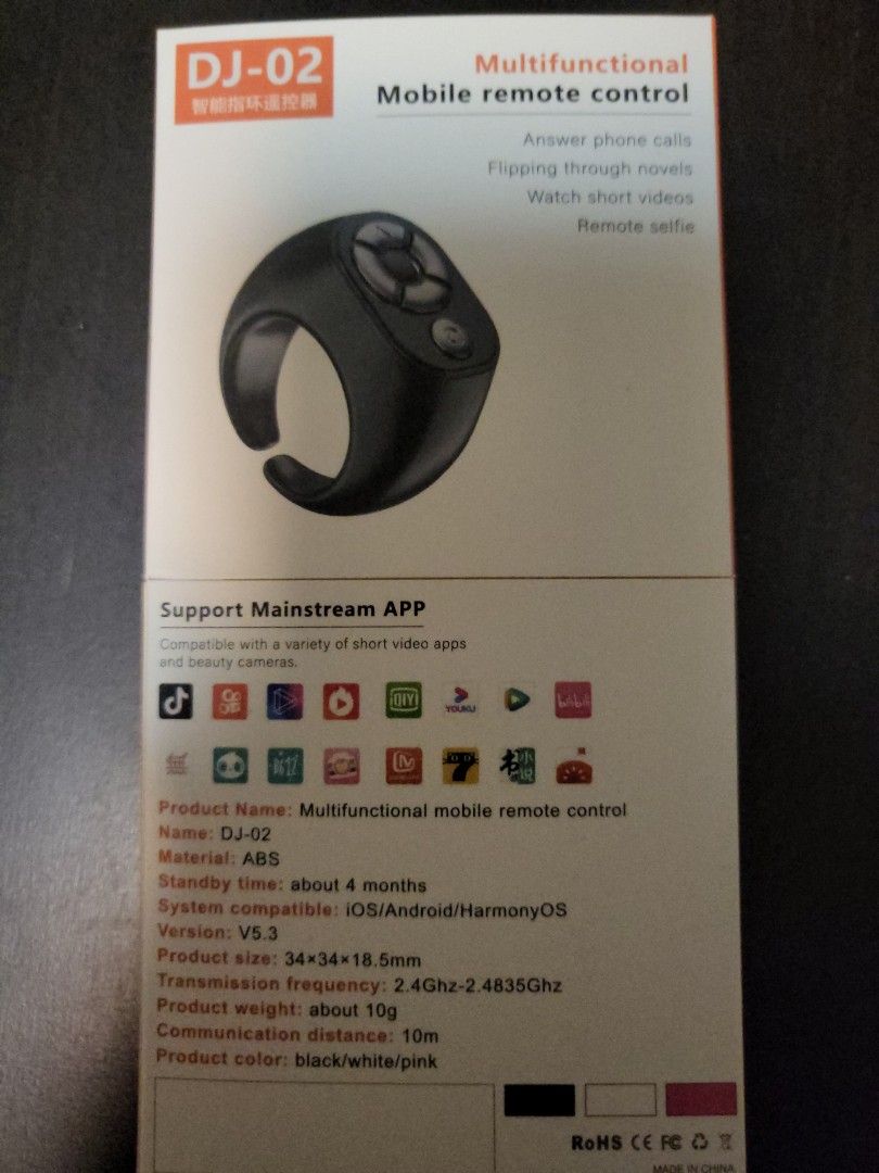 Bluetooth remote ring (Category: Other Mobile & Gadget Accessories) located in Singapore. Submitted by shine666 (Listing ID 1356396677, Image 1). Description: iPhone/ Android Support on many apps Can use to answer calls Hands free scrolling Type C charging Black,beige, white.
