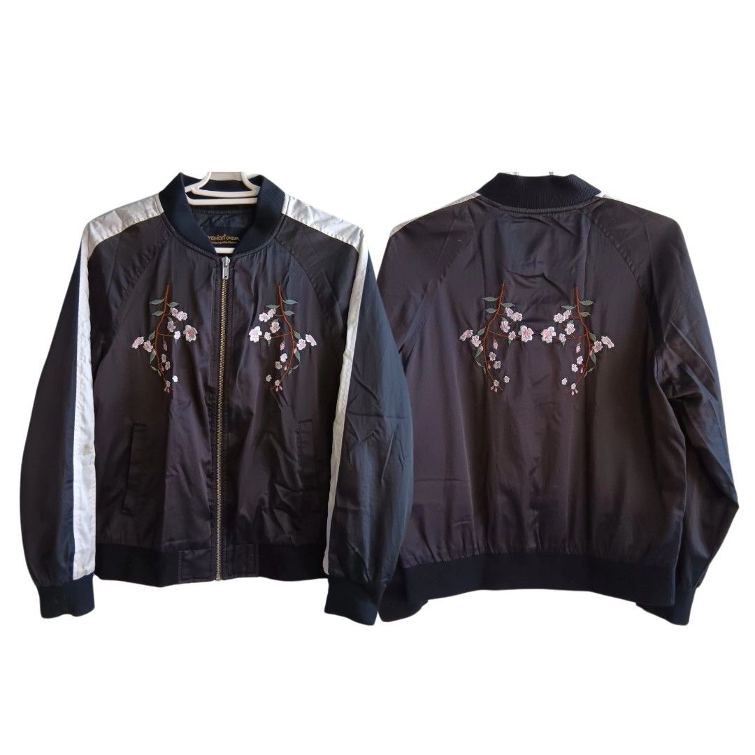 Bomber jacket with embroidered back design (Category: Coats, Jackets and Outerwear) located in Quezon City. Submitted by hapyllein (Listing ID 1356341043, Image 1). Description: W: 18 L: 22.5" - embroidered back design 🤍 - double lining - working zipper.