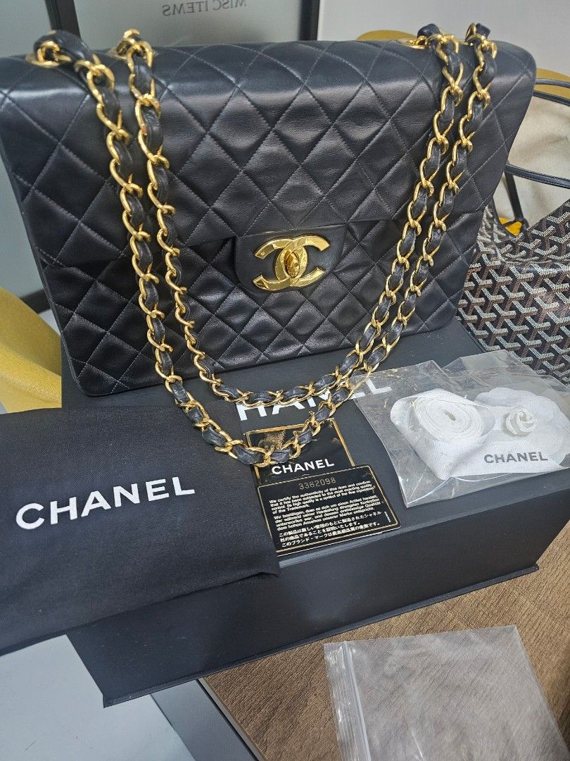 Chanel jumbo - complete (Category: Luxury Bags & Wallets) located in Manila. Submitted by mom_e (Listing ID 1356314925, Image 2). Description: comes complete 24k vintage gold hardware- still very bright and shiny super spacious lamb skin with box, dustbag, cards, ribbon, camelia flower.