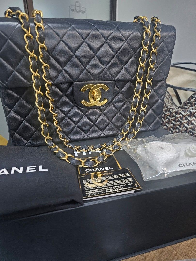 Chanel jumbo - complete (Category: Luxury Bags & Wallets) located in Manila. Submitted by mom_e (Listing ID 1356314925, Image 3). Description: comes complete 24k vintage gold hardware- still very bright and shiny super spacious lamb skin with box, dustbag, cards, ribbon, camelia flower.