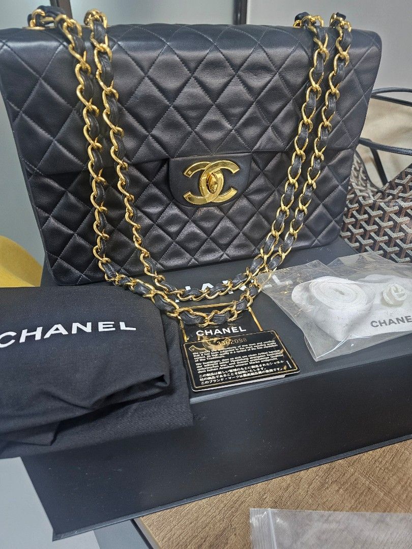 Chanel jumbo - complete (Category: Luxury Bags & Wallets) located in Manila. Submitted by mom_e (Listing ID 1356314925, Image 1). Description: comes complete 24k vintage gold hardware- still very bright and shiny super spacious lamb skin with box, dustbag, cards, ribbon, camelia flower.