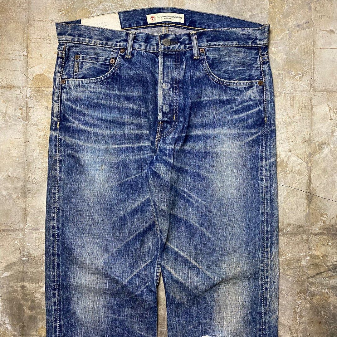 FDMTL Distressed Selvedge Denim Jeans (Category: Jeans) located in Manila. Submitted by insidethreads_ (Listing ID 1356309867, Image 2). Description: Size: 34-35 Actual waist Condition: 9/10 Flaw: Light yellow stain only Dimension Length: 43” Inseam: 32” Thigh: 12.5” Knee: 9.5” Leg opening: 8.5” Front rise: 11”.