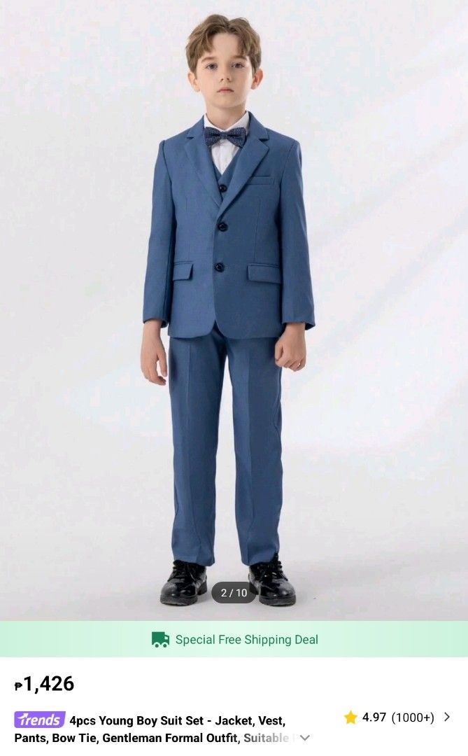 Kids [4-pc] Suit Set 2-3y (Category: Babies & Kids Fashion) located in Quezon City. Submitted by casssieee_ (Listing ID 1356260578, Image 1). Description: Like New. Worn Once. includes: 1. Coat 2.Vest 3.Pants 4.Ribbon Tie will include white inner for free.