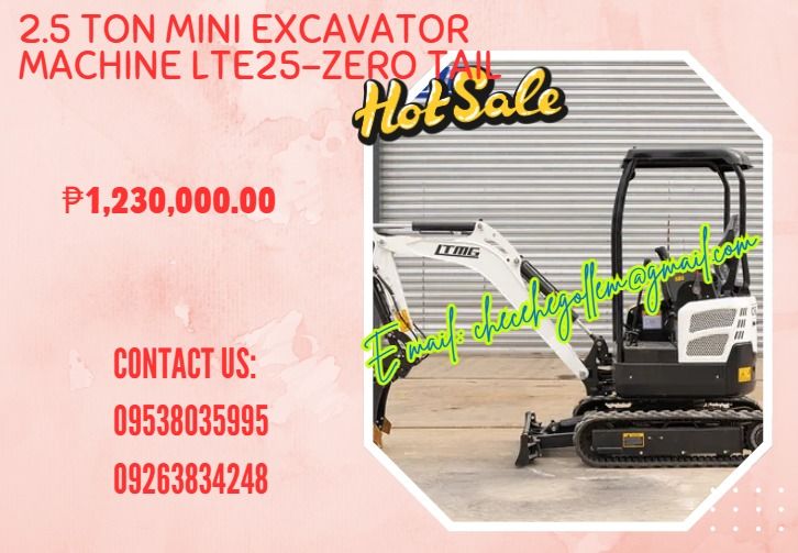 2.5 ton mini excavator machine LTE25-Zero Tail (Category: Heavy Vehicles) located in Caloocan City. Submitted by 09945233960 (Listing ID 1356454173, Image 1). Description: 2.5 ton mini excavator, -- Bucket capacity: 0.07cbm -- Kubota engine -- With oil radiator -- Rubber track -- With dozer blade -- Joystick -- Swing boom -- Track extension .