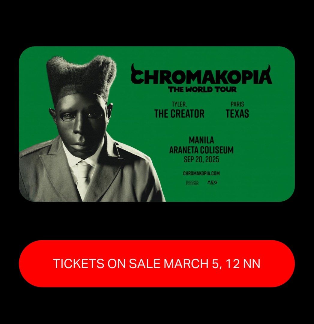Chromakopia Manila Darling VIP Ticket (Category: Events Tickets) located in Mandaluyong City. Submitted by cusells (Listing ID 1356474068, Image 1). Description: - 1 Tyler the Creator Darling VIP Ticket .