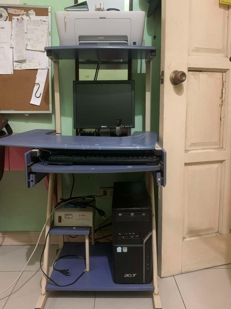 Computer set(Monitor, CPU, Web Cam, Voltage regulator, Table, Mouse ...