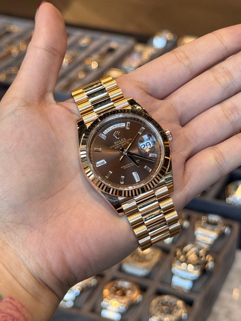 Daydate Choco Rose Gold with Baguette (Category: Luxury Watches) located in Makati City. Submitted by 1timepieceglobal (Listing ID 1356502371, Image 2). Description: Mint Condition 40mm 2016 Full Set.