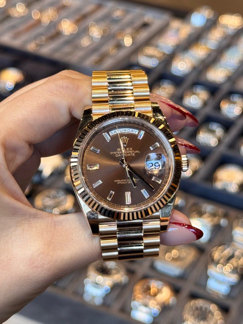 Daydate Choco Rose Gold with Baguette (Category: Luxury Watches) located in Makati City. Submitted by 1timepieceglobal (Listing ID 1356502371, Image 1). Description: Mint Condition 40mm 2016 Full Set.