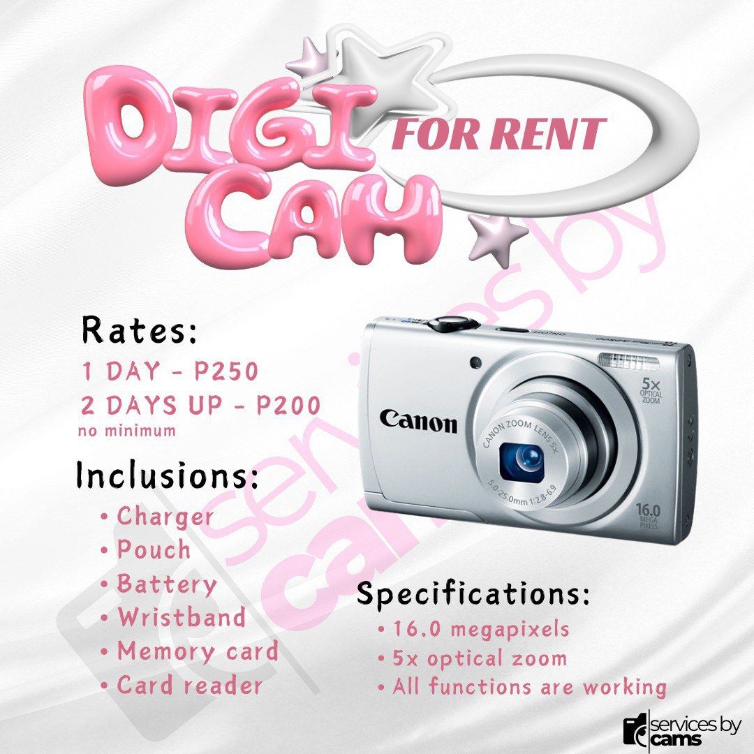 Digi Cam FOR RENT (Category: Cameras) located in Quezon City. Submitted by camellion_64 (Listing ID 1353764019, Image 1). Description: 📍 Available for meet-ups in **Quezon City and Manila** 🚚 Delivery via **Lalamove / Angkas Padala** 💡 **Read the details in the picture provided for terms and conditions.** Book now and capture every moment!.