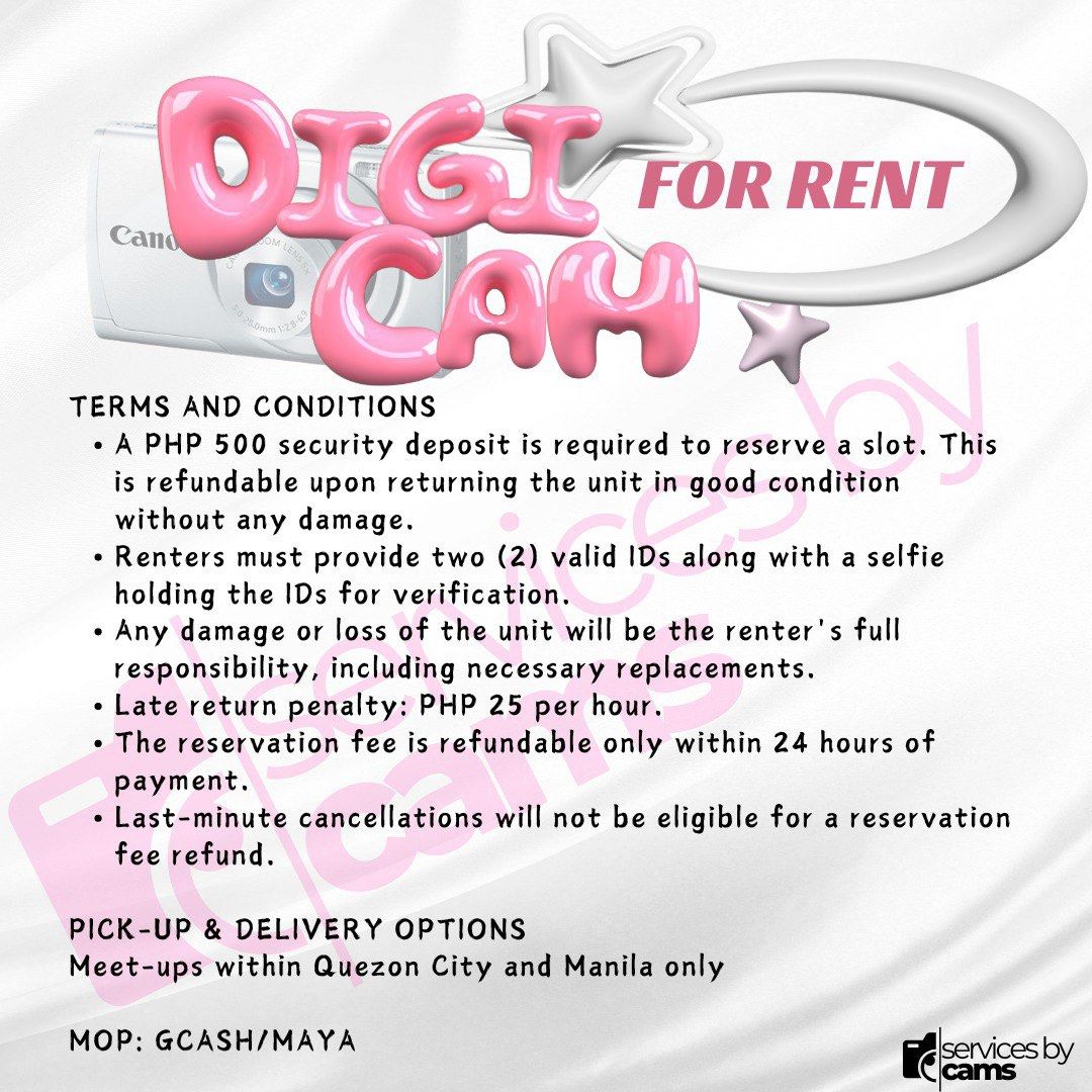 Digi Cam FOR RENT (Category: Cameras) located in Quezon City. Submitted by camellion_64 (Listing ID 1353764019, Image 3). Description: 📍 Available for meet-ups in **Quezon City and Manila** 🚚 Delivery via **Lalamove / Angkas Padala** 💡 **Read the details in the picture provided for terms and conditions.** Book now and capture every moment!.