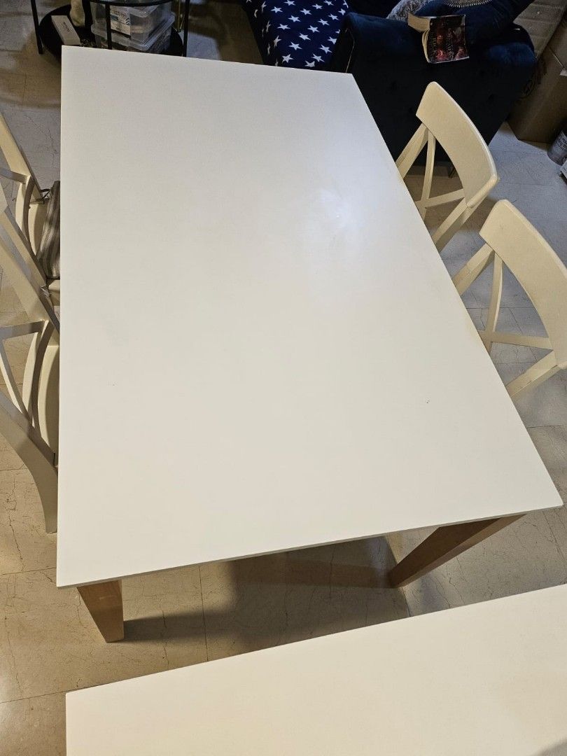 Dining Table set (Category: Tables & Sets) located in Singapore. Submitted by uglynsem (Listing ID 1356556475, Image 1). Description: i have 2 of the same type. pre loved dining table set. table has only light marks as shown in pics. the rest is great. the other table is like new! Chairs may need a little clean up but they are study. white color can suit any theme 😉.