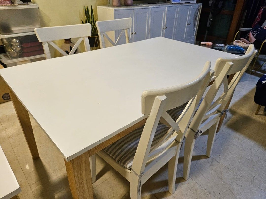 Dining Table set (Category: Tables & Sets) located in Singapore. Submitted by uglynsem (Listing ID 1356556475, Image 2). Description: i have 2 of the same type. pre loved dining table set. table has only light marks as shown in pics. the rest is great. the other table is like new! Chairs may need a little clean up but they are study. white color can suit any theme 😉.