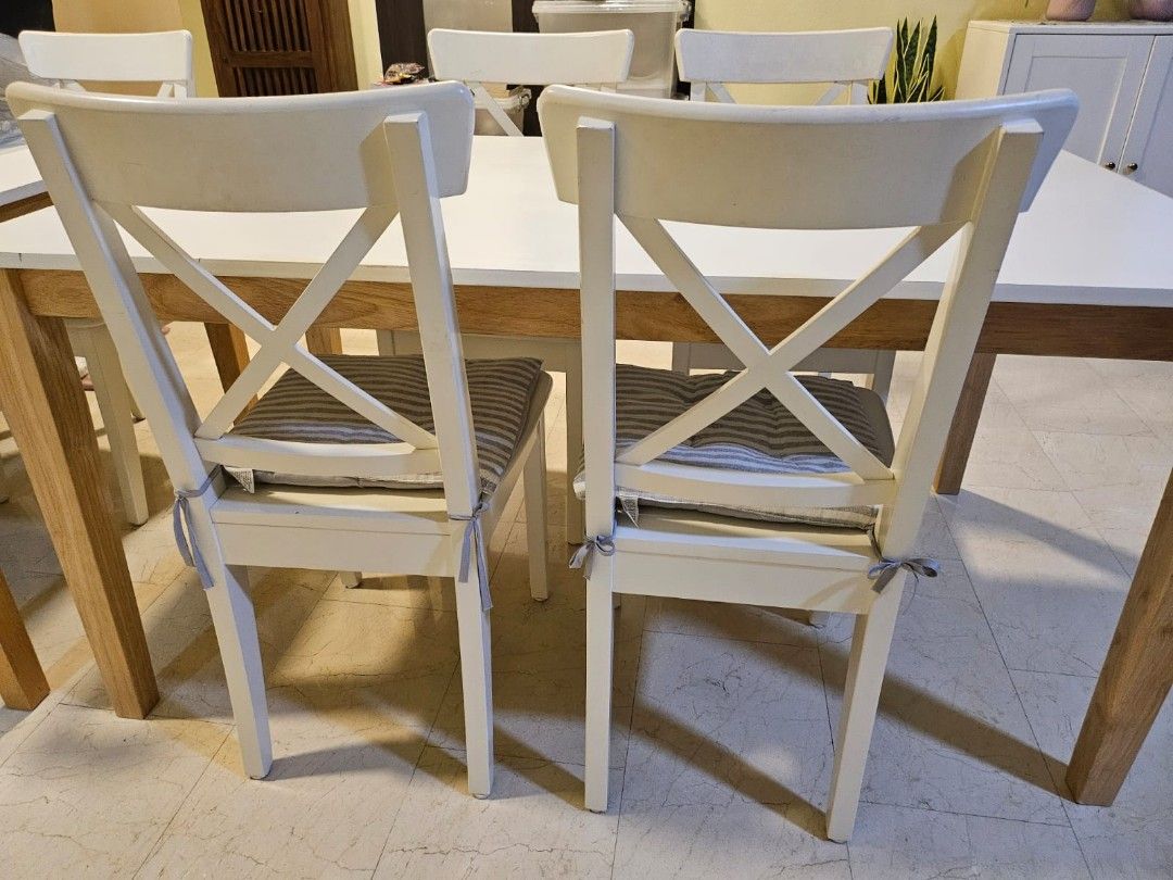 Dining Table set (Category: Tables & Sets) located in Singapore. Submitted by uglynsem (Listing ID 1356556475, Image 3). Description: i have 2 of the same type. pre loved dining table set. table has only light marks as shown in pics. the rest is great. the other table is like new! Chairs may need a little clean up but they are study. white color can suit any theme 😉.
