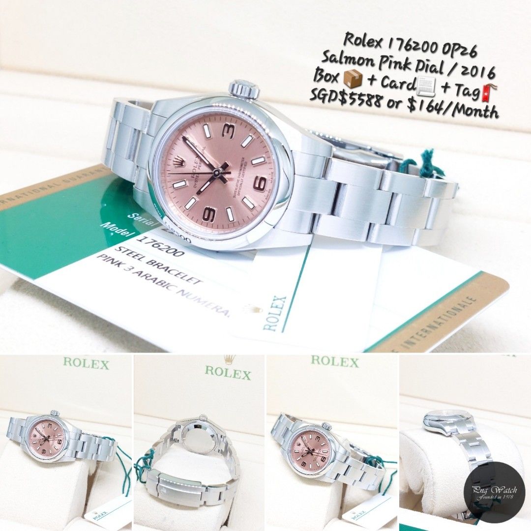 Rolex 26mm 176200 Pink Arabic Dial Oyster Perpetual (2016)(Grab & Go) (Category: Watches) located in Singapore. Submitted by pngwatchdealer (Listing ID 1356614843, Image 1). Description: Only SGD$164/Month for 36months via DBS/POSB credit card holders! Interest free! For more details on timepiece: https://carousell.app.link/wTDOrHUVuRb Operating Hours Mon to fri: 3pm to 9pm Sat: 3pm to 8pm Sun & PH closed (Please contact us before dropping by to 