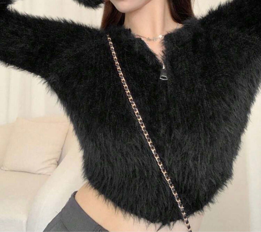 SHEIN Solid Crop Black Fluffy Cardigan (Category: Coats, Jackets and Outerwear) located in Quezon City. Submitted by bubbledeclutters (Listing ID 1356535276, Image 2). Description: • brand new, never used • mop: bpi/gcash • mod: grab/lalamove.