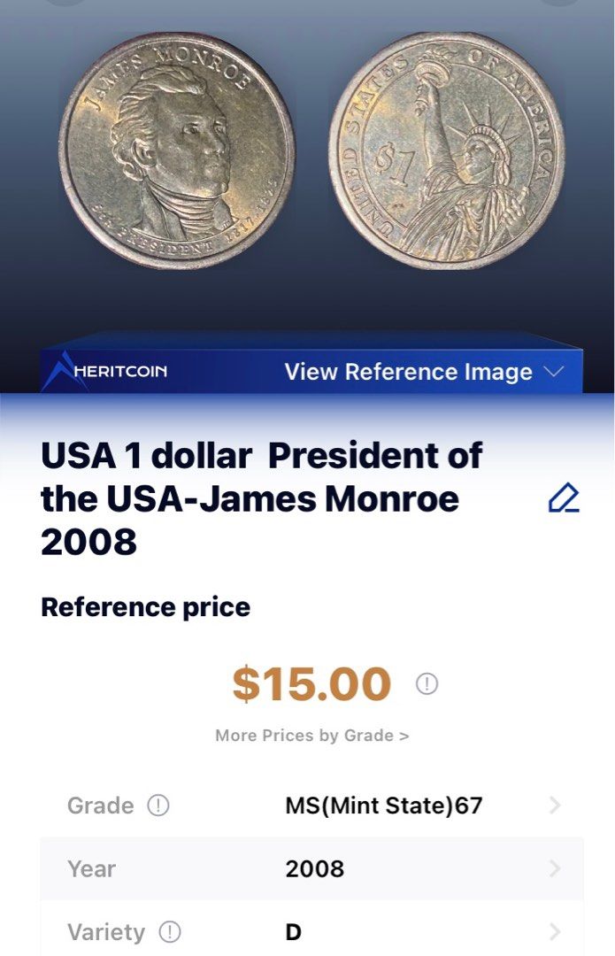 US Presidential Dollar James Monroe 2008 (Category: Currency) located in Paranaque City. Submitted by ylettef (Listing ID 1356466518, Image 3). Description: P855 each, P3400 for all 4 MOP BPI or Gcash MOD SDD within MM preferred as item is a collectible SF c/o buyer.