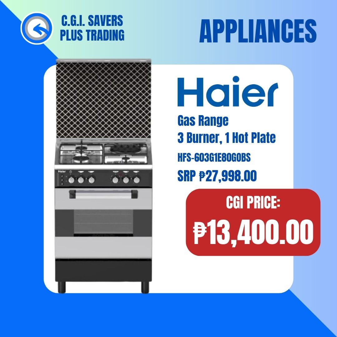 HAIER GAS RANGE (Category: Cookware & Accessories) located in San Pedro. Submitted by cgi.saversplustrading (Listing ID 1356626930, Image 1). Description: HAIER GAS RANGE 📌 LAST PIECE AVAILABLE ‼️ Grab it now ‼️ 📌 Price : Php 13,400 📌 Medium size 📌 3 burner gas, 1 hot plate 📌 "First to pay" basis 📌 Color may vary due to lighting 📌 Pick up or shipped by any courier of your choice 📌 Customer will shoulder the shipping fee Para sa mga Home F